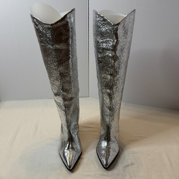 Schutz Maryana Block Crackled Leather Boot Silver Size 6 - Picture 5 of 12